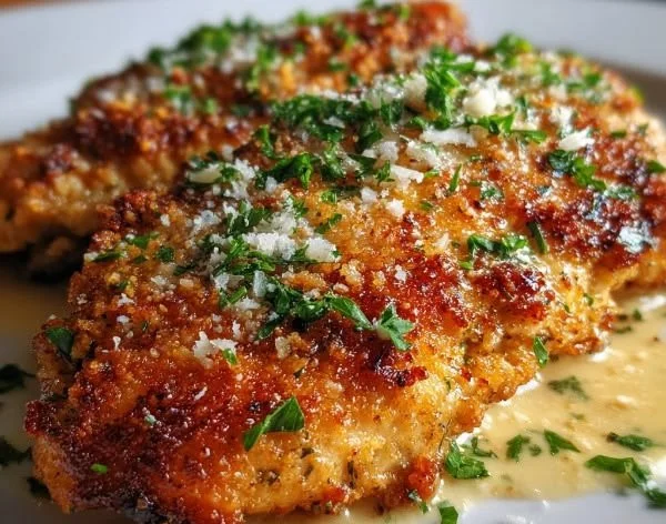 Plate of crispy parmesan chicken with rich garlic sauce garnished with herbs