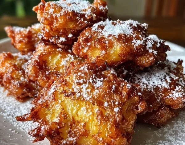 Crispy pineapple fritters served on a plate with a drizzle of honey