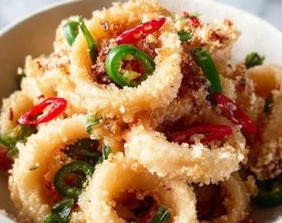 Crispy salt and pepper squid served on a plate with dipping sauce