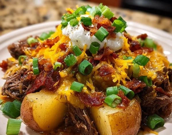 Crockpot Loaded Steak and Potato Bake served in a dish
