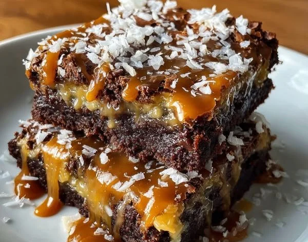Decadent fudgy caramel Samoa brownies topped with chocolate and coconut.