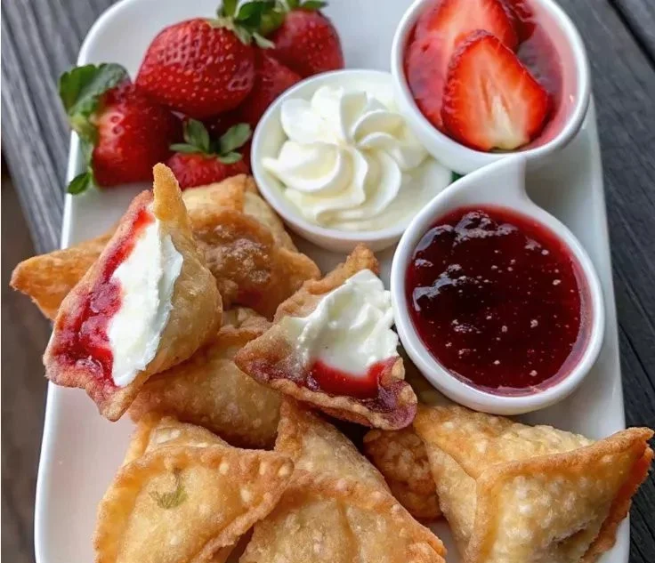 Deep-fried strawberry cheesecake stuffed wonton bites on a plate.