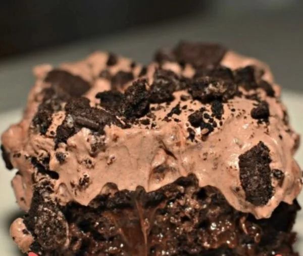 Delicious Dirt Cake layered with chocolate, cream, and gummy worms.