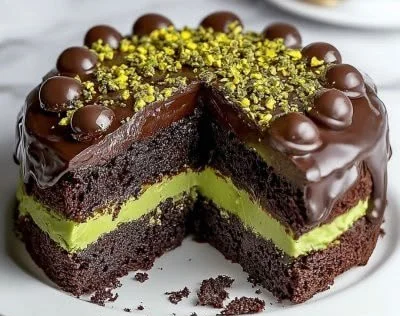 Dubai Chocolate Cake topped with pistachio cream and kataifi for dessert