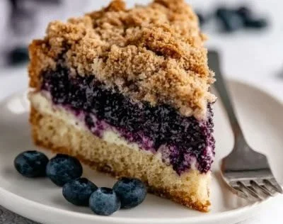 Slice of easy blueberry crumble cheesecake with a crumbly topping and fresh blueberries