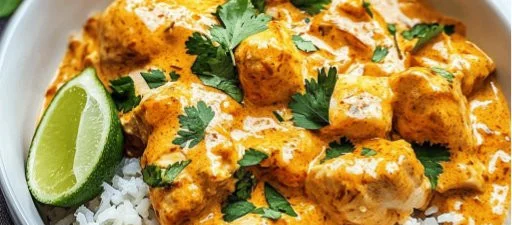 Delicious Coconut Chicken Rice Bowl garnished with fresh herbs and lime