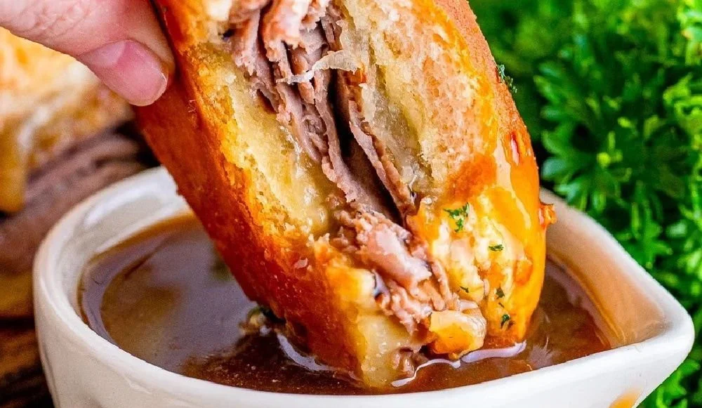 Delicious Easy French Dip Sliders with au jus on a serving platter
