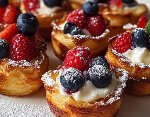 Easy French toast cups served on a plate with syrup and fruit.