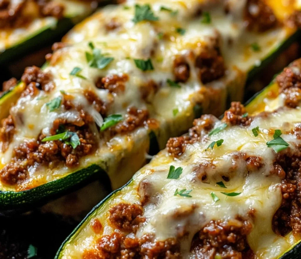 Ground beef zucchini boats topped with cheese and herbs on a plate