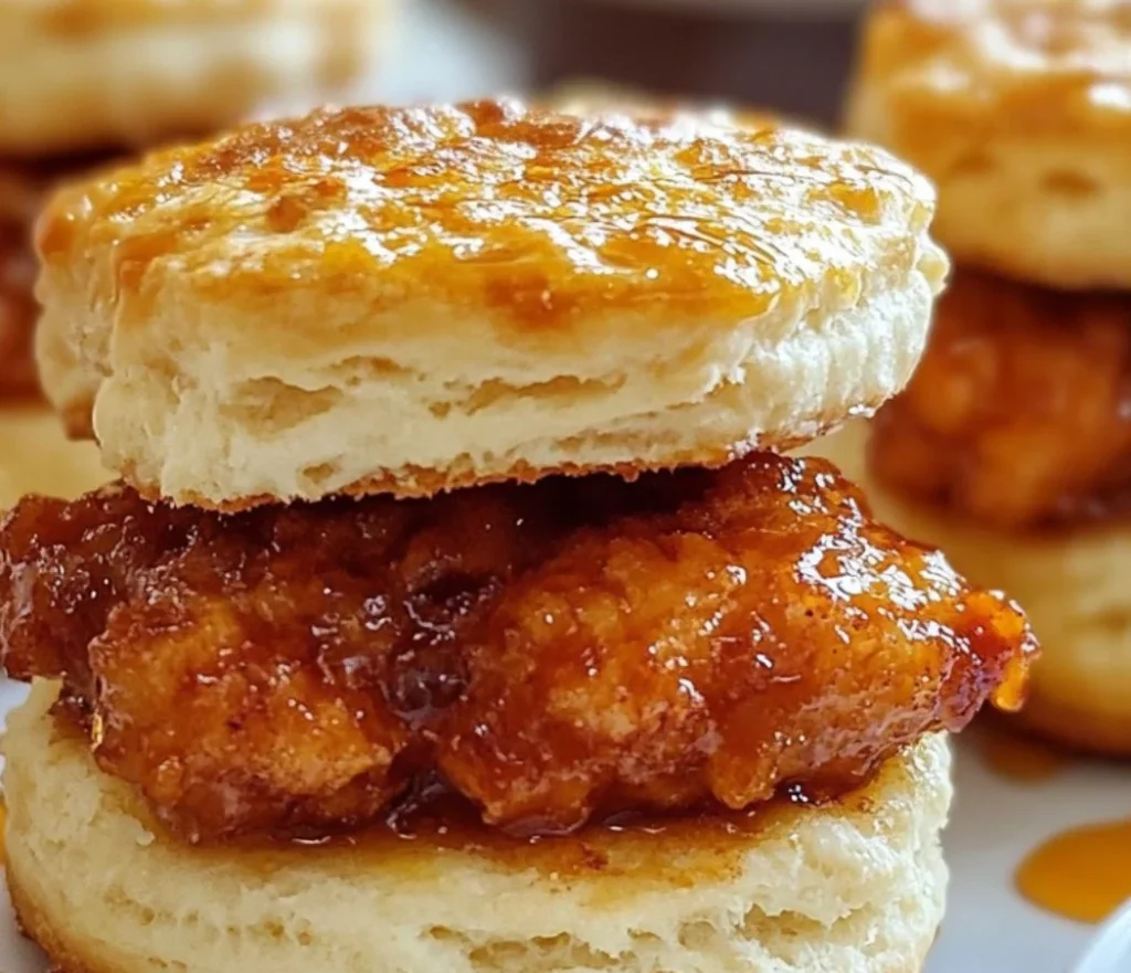 Easy Hot Honey Chicken Biscuits served on a plate, garnished with herbs.