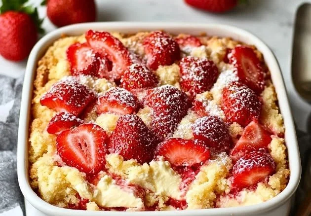 Easy strawberry cheesecake dump cake topped with fresh strawberries