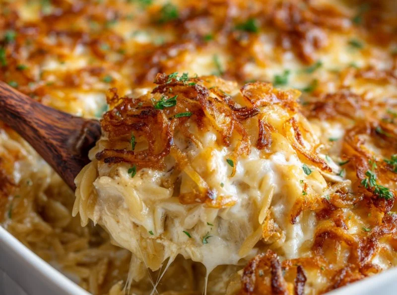 French Onion Chicken Orzo Casserole topped with melted cheese and onions