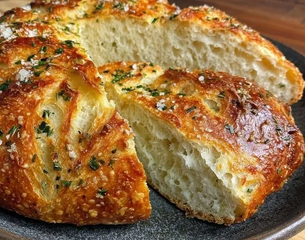 Garlic Herb Dutch Oven Bread freshly baked in a cast iron pot
