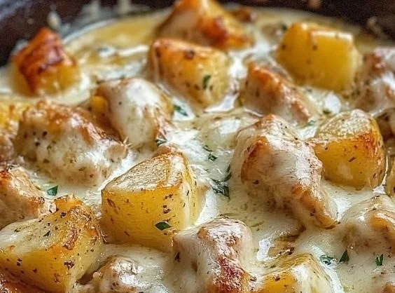 Garlic Parmesan Chicken and potatoes cooked in a crockpot.