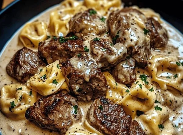 Delicious Garlic Steak Tortellini served in creamy sauce