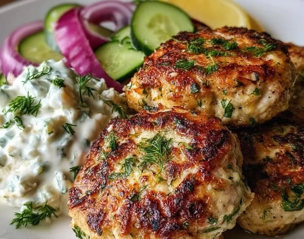 Plate of Greek chicken patties with tzatziki sauce and cucumber salad