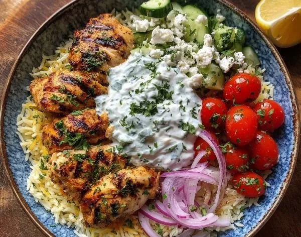 Greek Chicken Rice Bowl with creamy tzatziki sauce and fresh toppings