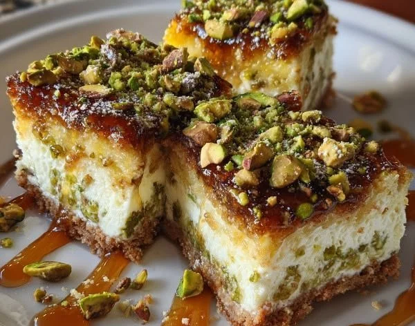 Greek Honey Pistachio Cheesecake Bars topped with honey and pistachios
