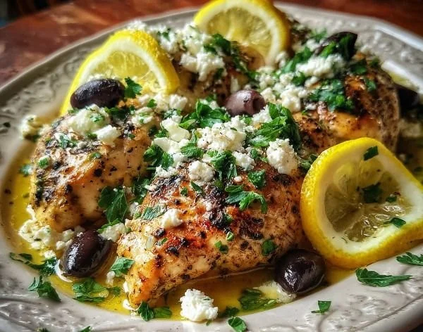 Plate of Greek Lemon Chicken with Feta garnished with herbs