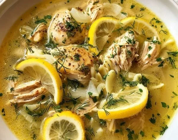 Bowl of Greek-style lemon chicken soup with fresh herbs and lemon slices