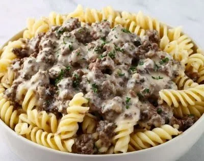 Plate of Hamburger Stroganoff with pasta and creamy sauce
