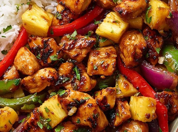 Hawaiian Chicken Sheet Pan ready to be served with colorful vegetables