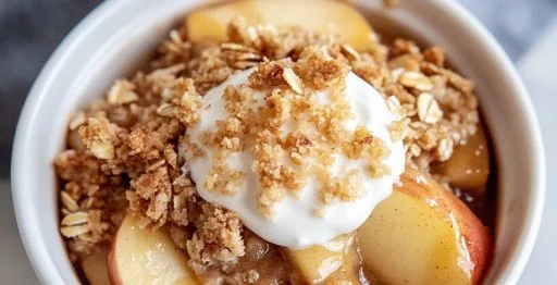 Healthy high-protein apple crisp served in a bowl with fresh apples and oats