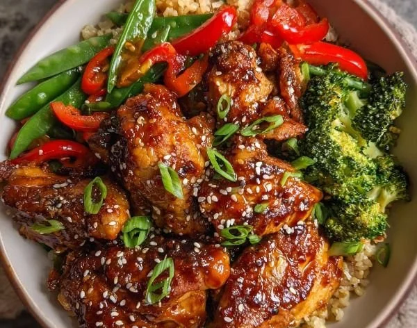 Healthy Sticky Chicken Bowl with vegetables and rice