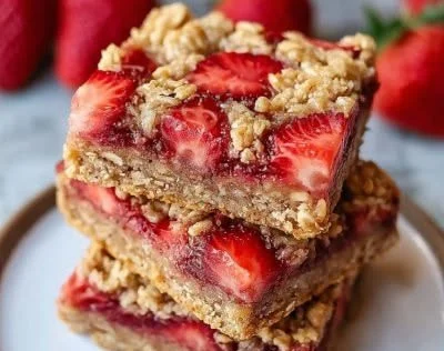 Healthy homemade strawberry oatmeal bars on a wooden cutting board