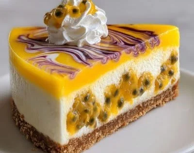 Slice of heavenly passion fruit cheesecake with vibrant topping and crust