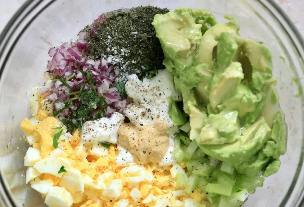 High-protein avocado egg salad served in a bowl