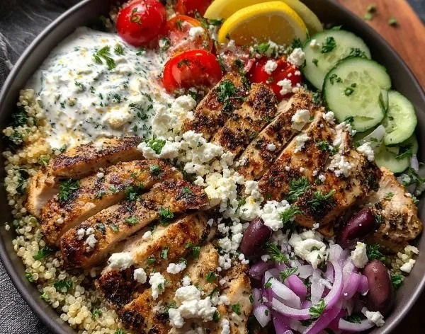 High-protein Mediterranean chicken bowls with fresh vegetables and grains