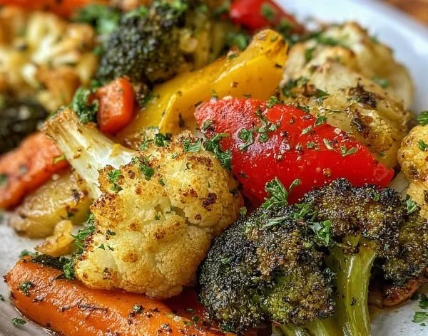 Honey garlic roasted vegetables on a baking tray, glazed and delicious.