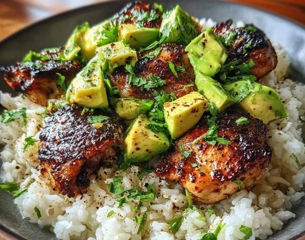 Honey-Lime Chicken served with avocado rice on a plate