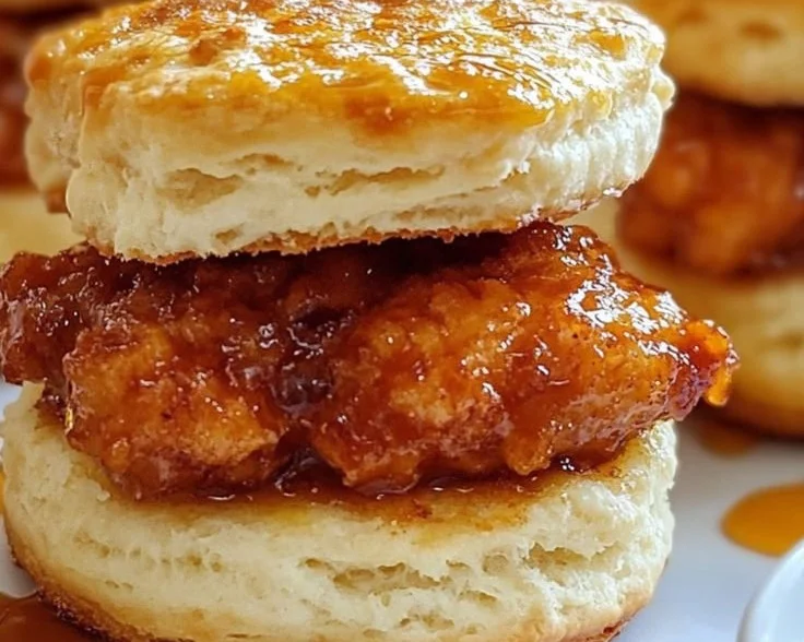 Hot Honey Chicken Biscuits with a sweet glaze served on a plate