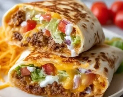 Homemade Crunchwrap Supreme with layers of ingredients wrapped in a tortilla