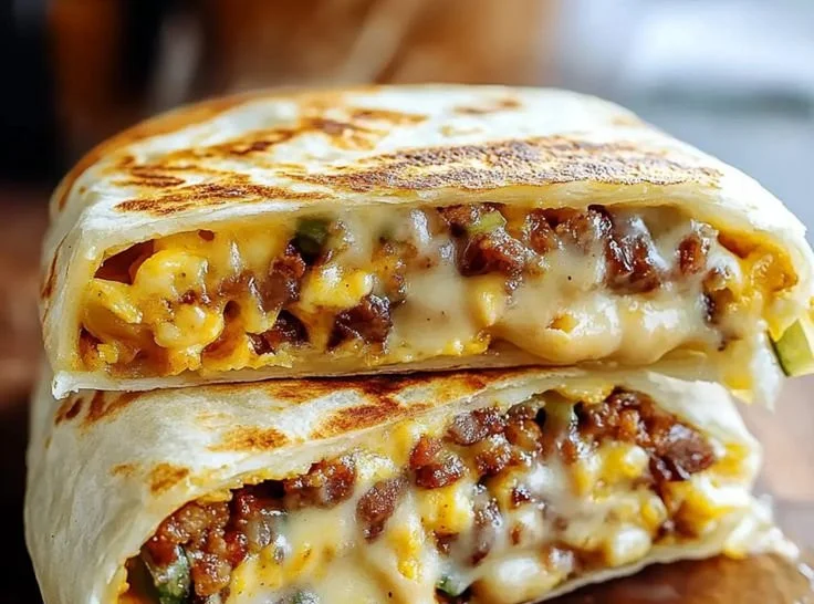 Delicious homemade breakfast crunchwrap loaded with eggs, cheese, and salsa.