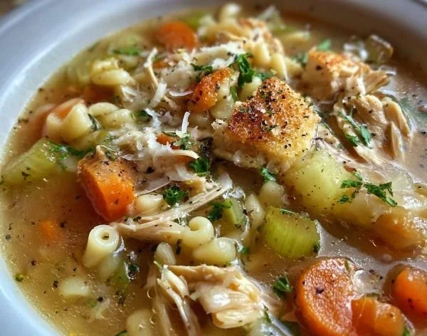 Bowl of Italian Penicillin Soup filled with vegetables and herbs