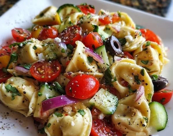 Italian Tortellini Pasta Salad with fresh vegetables and dressing
