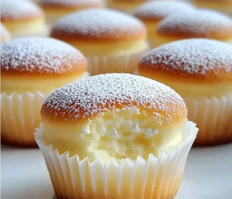 Fluffy Japanese cotton cheesecake cupcakes decorated with cream and strawberries.