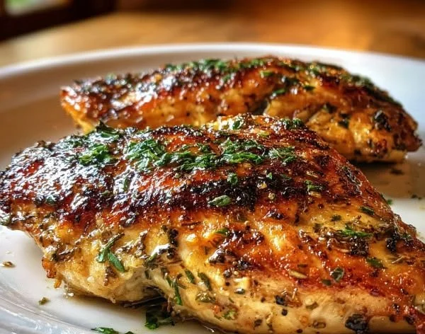 Juicy baked chicken breast served with herbs and spices.