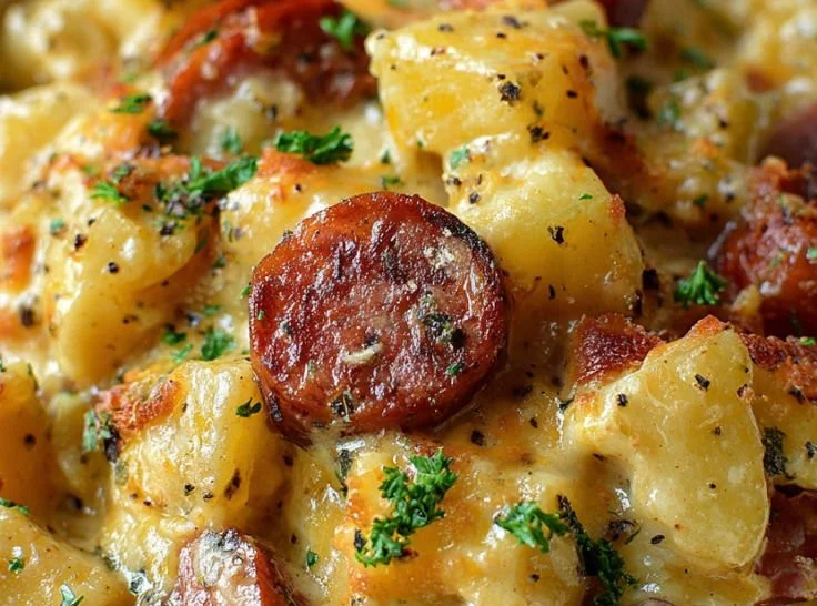 Delicious Kielbasa Potato Casserole topped with cheese, ready to serve.