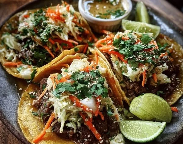 Plate of Korean beef tacos topped with tangy gochujang slaw.