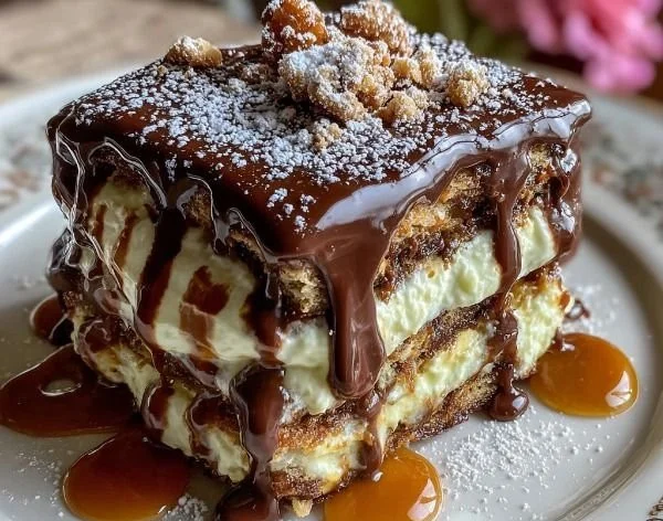 Layered cookie lasagna with vanilla custard and chocolate ganache