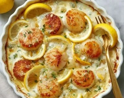 Plate of lemon butter scallops garnished with parsley and lemon slices