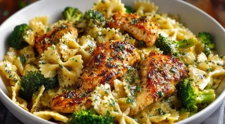 Lemon Cowboy Butter Bowtie Chicken served with broccoli on a plate