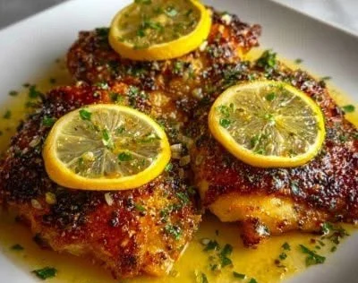 Lemon Garlic Parmesan Chicken garnished with fresh herbs on a plate
