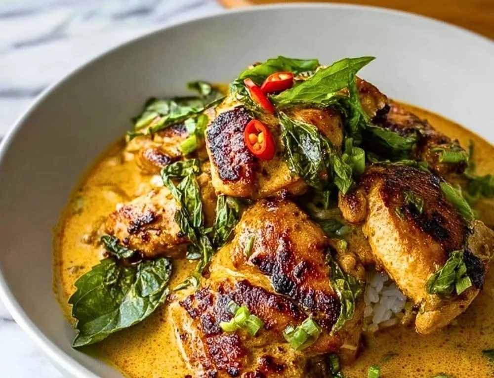 Flavorful lemongrass chicken with Thai coconut curry garnished with herbs