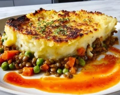 Lentil and Vegetable Shepherd's Pie served in a rustic dish.