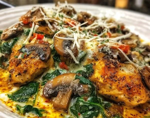 Low-Carb Chicken Spinach Mushroom Bake with cheese and herbs